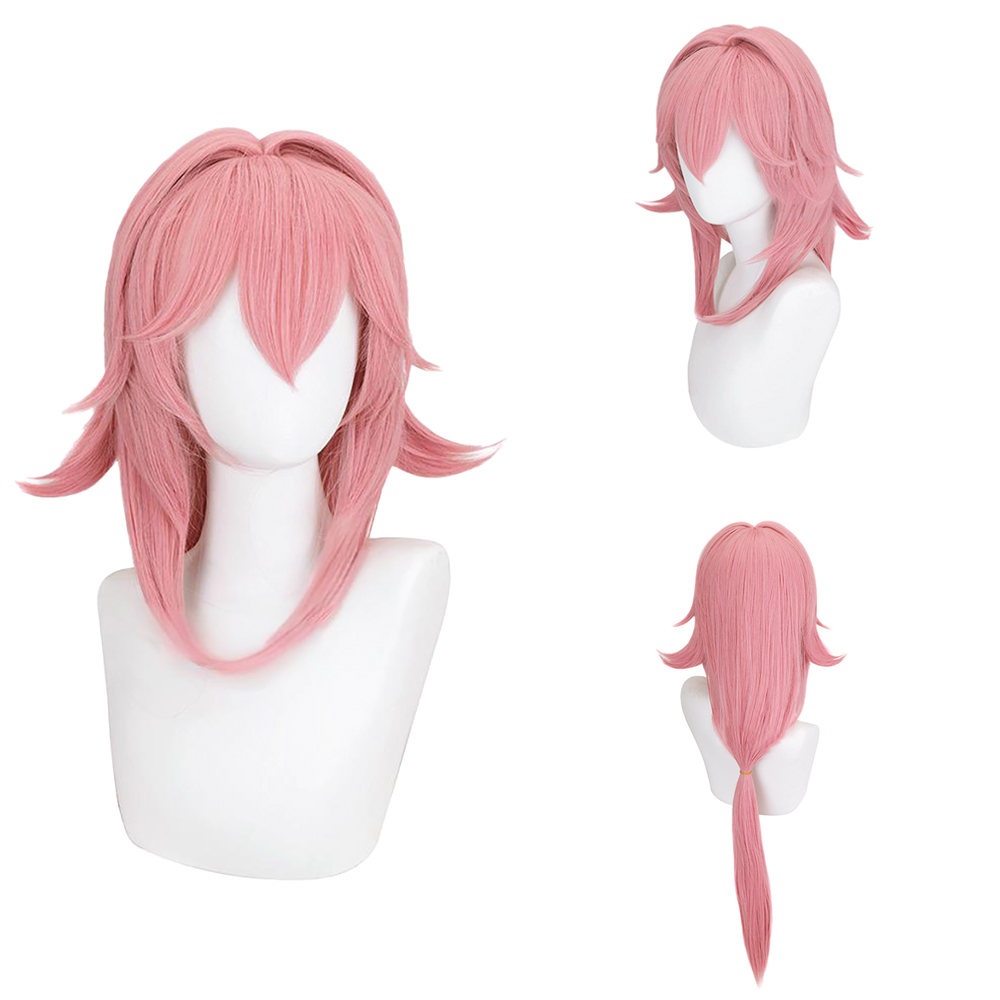 Anime Cosplay Photoshoot - 八重巫女コスウィッグ ピンク ナチュラル ロングポニーテール 耐熱合成ウィッグ 日常着用