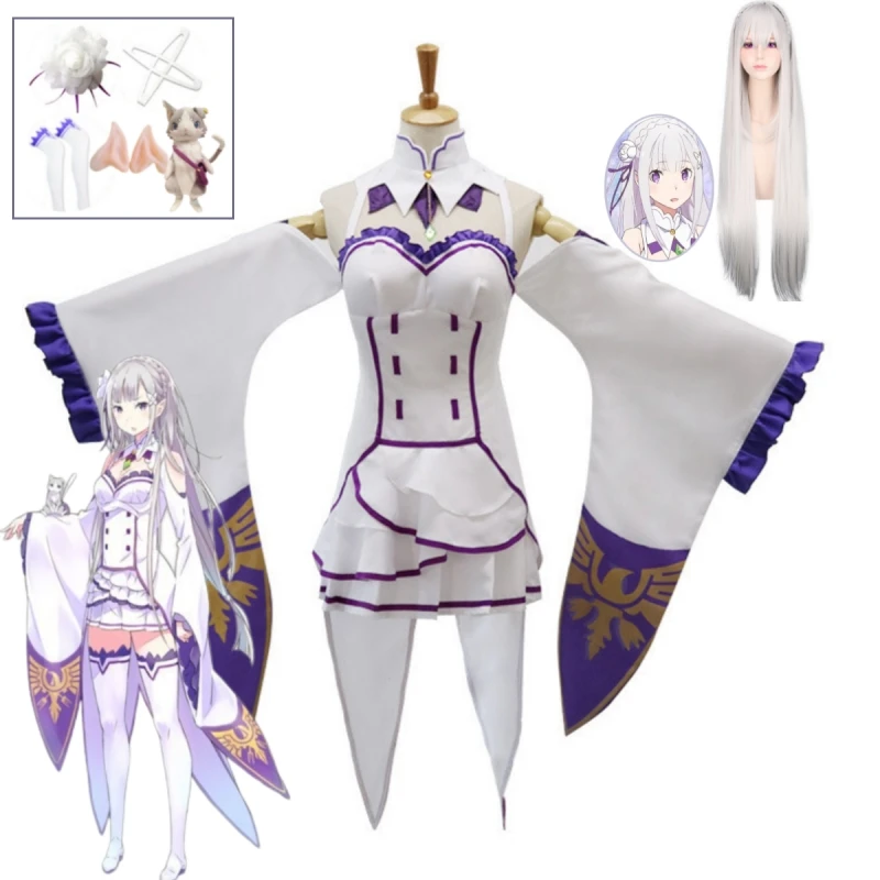 Anime Zoey Cosplay - Reゼロから始める異世界生活エミリアコスプレ衣装女性の帽子ドレスハロウィンパーティーアニメフルセット服