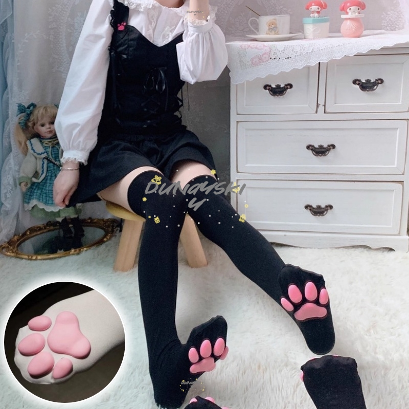 Cosplay Anime Basic - 女性用足型ソックス ロング太もも丈ソックス 3Dピンク猫足パッド 日本風可愛いスタイル 秋冬ベーシックコスプレストッキング