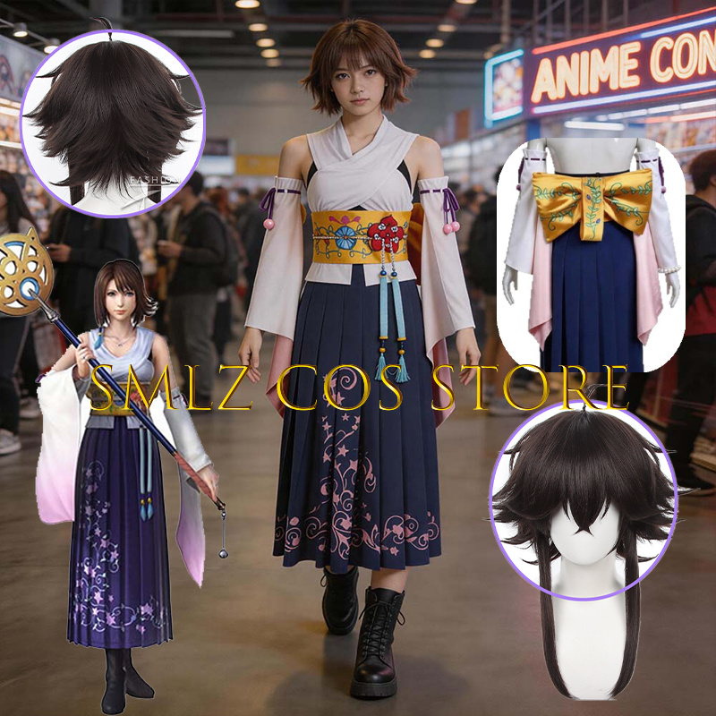 Anime Cosplay Female - Smlz FFX ユナコスプレアニメ FF10 X 衣装女性あなたナ着物ドレス小道具ウィッグセットハロウィンパーティー演劇衣装