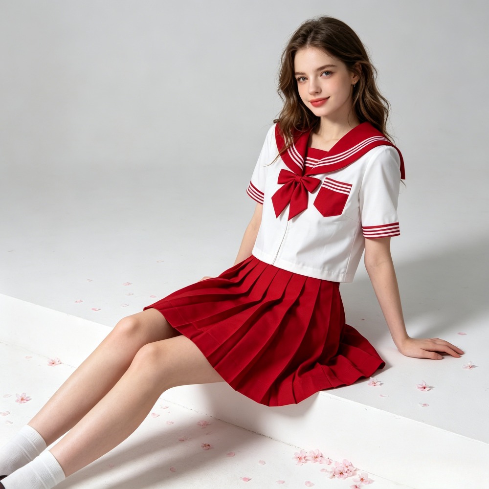 Cosplay Anime Basic - 学校制服 ベーシック 新日本赤半袖 JK セーラースーツ、学業服 学生服＆アニメ