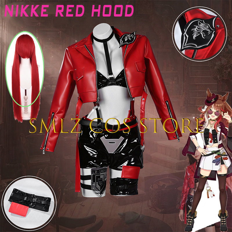 Anime Cosplay Red - ゲームニッキーレッドラピ赤ずきんちゃんコスプレ衣装女性用PUコートブラパンツ小道具ウィッグセットハロウィンパーティープレイ衣装