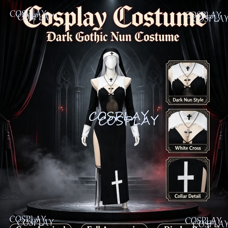 Anime Cosplay Photoshoot - ハロウィンイベント用ハイ スリット制服スーツ ブラックレース シアーメッシュ 修道女コスチューム オリジナルデザイン