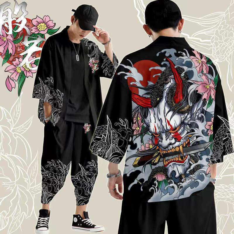 大サイズ 5XL 6XL 日本の着物カーディガンパンツセット - Demon Slayer Haori のレビューと価格