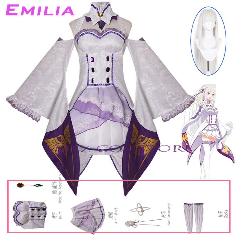 エミリアコスプレアニメ再ゼロカラハジメル異世界生活衣装白制服 - Anime Cosplay Female のレビューと価格