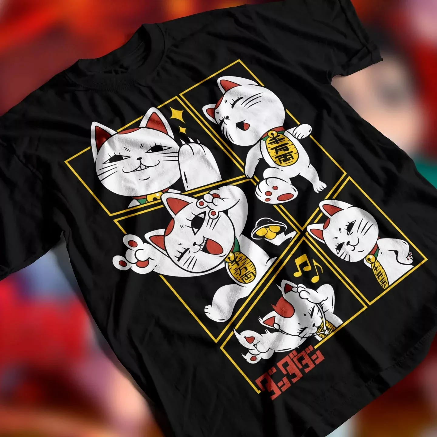 人気のダンダダン招き猫マルチパネル漫画Tシャツ、黒のルーズフ - Cosplay Anime Basic のレビューと価格